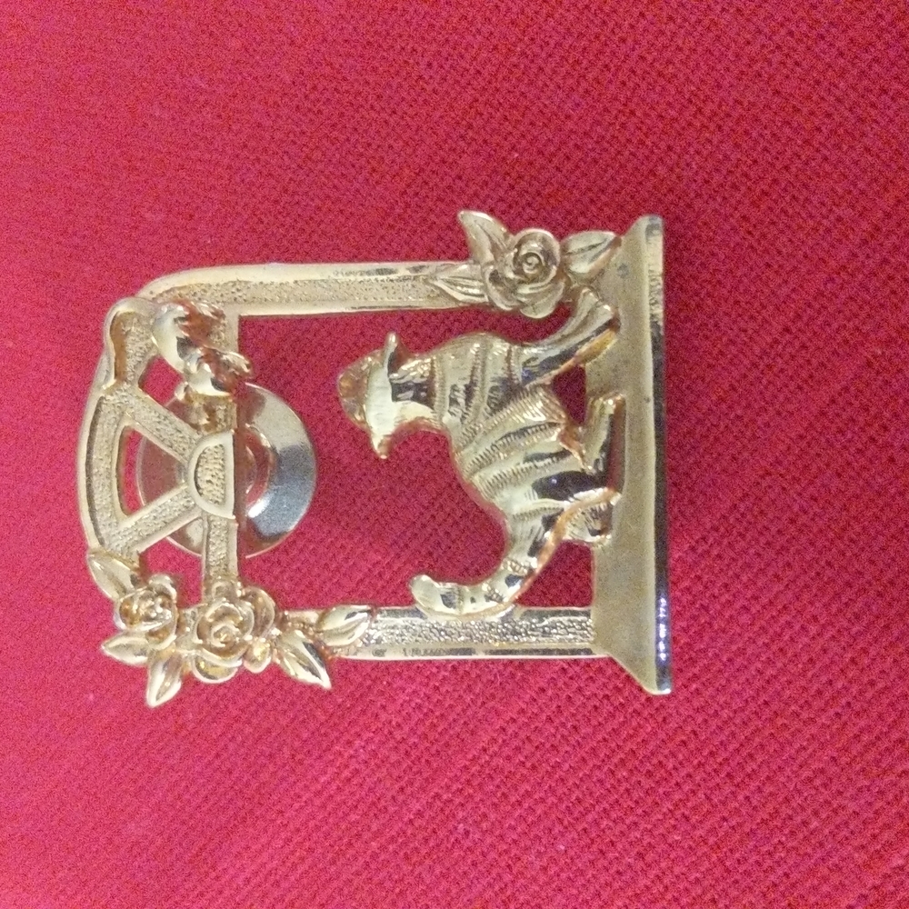 Gold color Metal Brooch of Cat on Widow Sill Chasing Mouse
